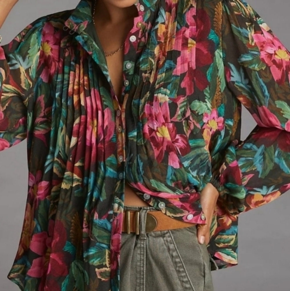 Farm Rio for Anthropologie Floral Pintuck Blouse Metallic Stripe‎ Pink Teal XS